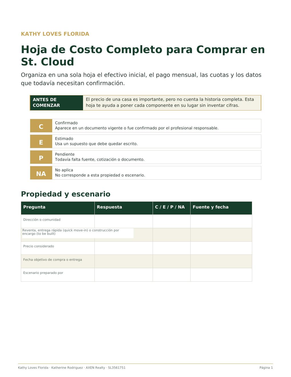Vista previa de la Hoja de Costo Completo para comprar en St. Cloud